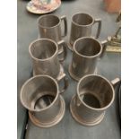 SIX PEWTER GLASS BOTTOMED TANKARDS