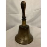 A VINTAGE BRASS SCHOOL BELL WITH WOODEN HANDLE