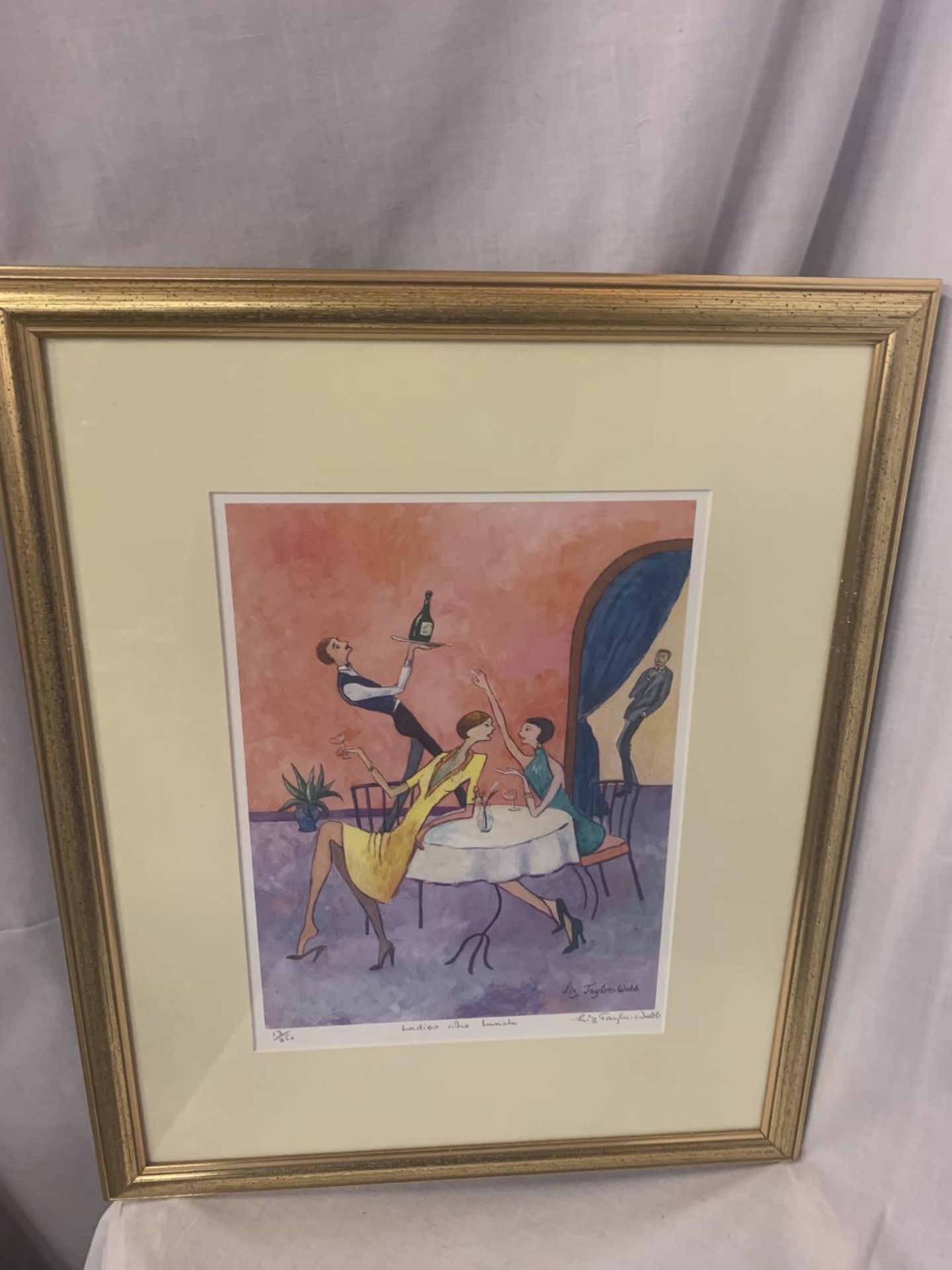 A GILT FRAMED LIMITED EDITION LIZ TAYLOR WEBB PICTURE 'LADIES WHO LUNCH' PENCIL SIGNED TO LOWER