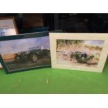 TWO PRINTS IN MOUNTS ONE OF A VINTAGE MG AND ONE OF DUAL AT LE MANS