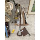 AN ASSORTMENT OF VINTAGE ITEMS TO INCLUDE A SET SQUARE, STICK SEAT AND SANDWHICH TOASTER ETC