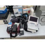 AN ASSORTMENT OF ELECTRICAL ITEMS TO INCLUDE A PORTABLE DVD PLAYER, CLOCKS AND DICTPHONES ETC