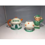 A SHELLEY MABEL LUCIE ATTWELL BOO BOO TEA SET COMPRISING A TEAPOT, SUGAR BOWL AND MILK JUG