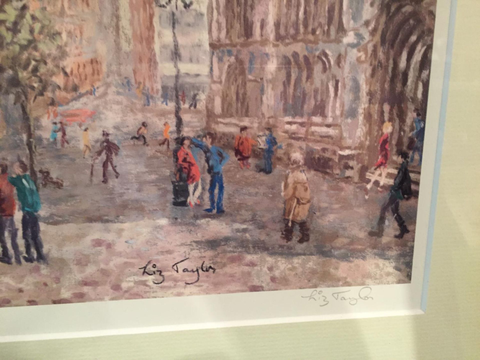 A FRAMED PICTURE OF A STREET SCENE, SIGNED LIZ TAYLOR, LIMITED EDITION 90/350 - Image 3 of 3