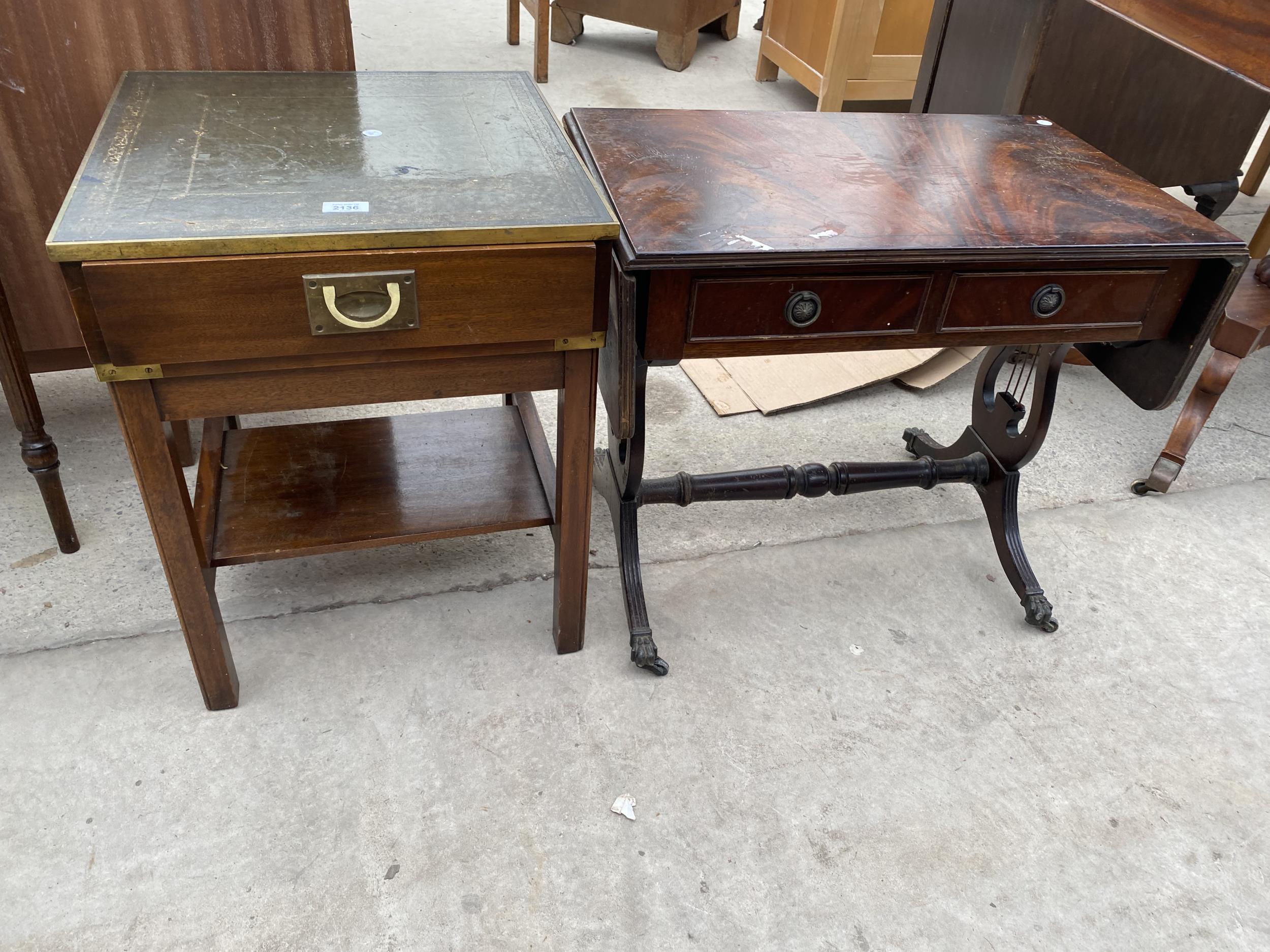 AN ANTIQUE STYLE LAMP TABLE AND MINIATURE SOFA TABLE
