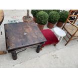 A HARDWOOD STUDED LAMP TABLE, STOOL ON CABRIOLE LEGS AND A PAINTED STOOL WITH THREE LEGS