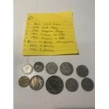 TEN VARIOUS FOREIGN COINS DATING FROM 1902 TO 1928 - SWISS, HUNGARIAN, GERMAN AND IRISH