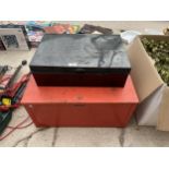 A LARGE METAL STORAGE CHEST AND A LARGE DEED BOX