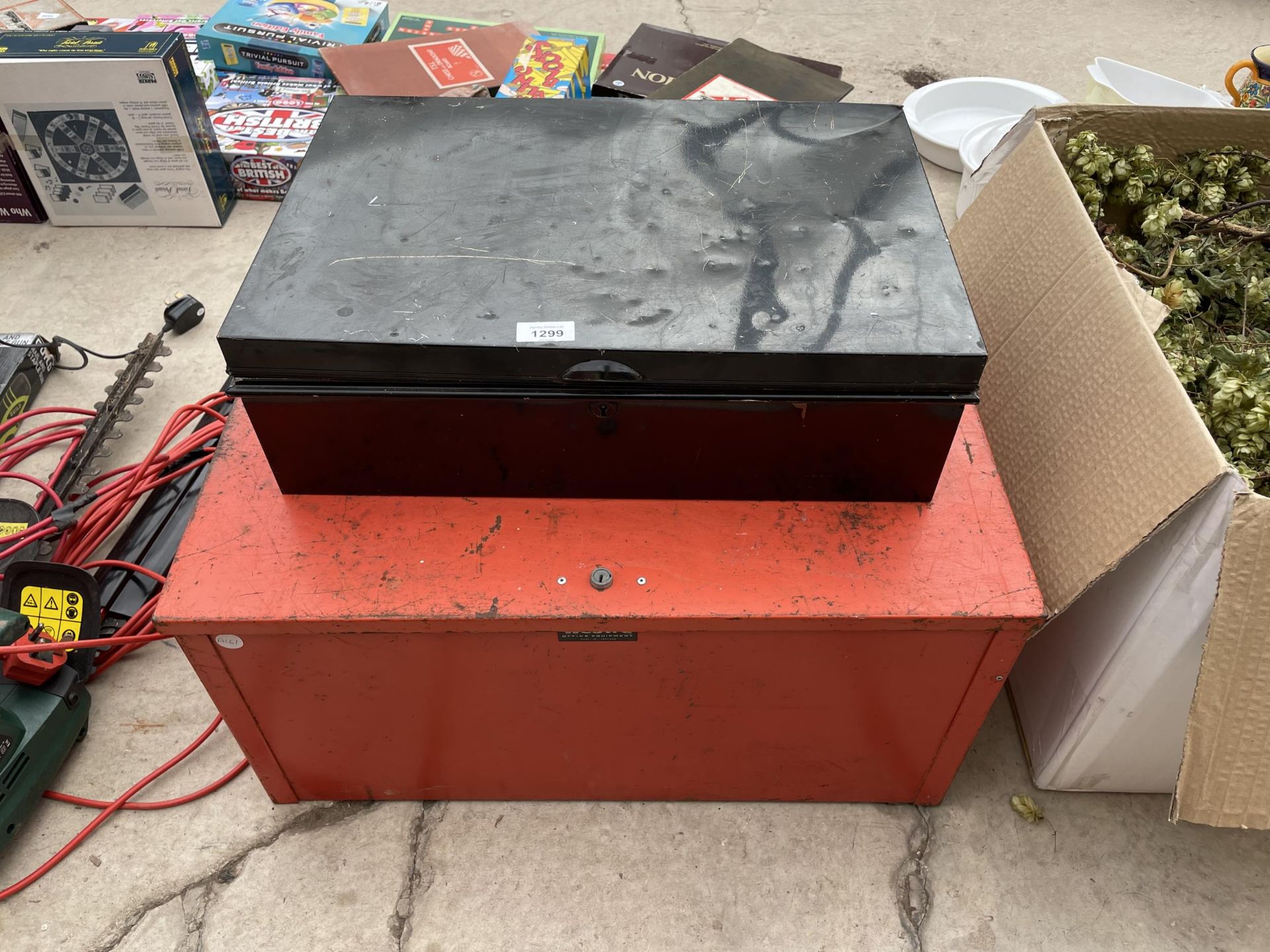 A LARGE METAL STORAGE CHEST AND A LARGE DEED BOX