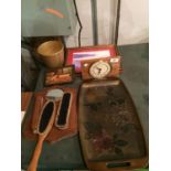 A COLLECTION OF ITEMS TO INCLUDE A MIRROR WITH CLOTHES BRUSHES, A FLORAL DECORATED TRAY, MANTLE