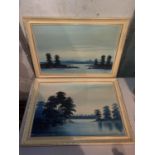 TWO FRAMED PAINTINGS IN BLUESCALE OF WATER AND TREE SCENES SIGNED D. SPENCER