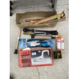 AN ASSORTMENT OF TOOLS TO INCLUDE A C-CLAMP, FILES AND WELDING RODS ETC