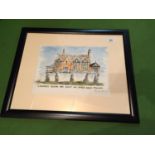 A SIGNED FRAMED PICTURE BY LIZ TAYLOR WEBB 2004, OF A HOUSE SAYING LAWYERS' HOUSES ARE BUILT ON