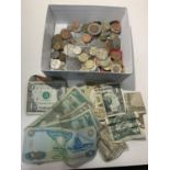 A BOX OF GB AND FOREIGN COINS AND NOTES