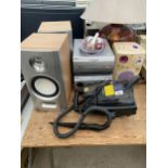 AN ASSORTMENT OF ITEMS TO INCLUDE A COMPACT STEAMER, SONY STEREO WITH TWO SPEAKERS AND A KARAOKE