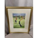 A GILT FRAMED LIMITED EDITION LIZ TAYLOR WEBB PICTURE 'A PUTT TOO FAR' PENCIL SIGNED TO LOWER