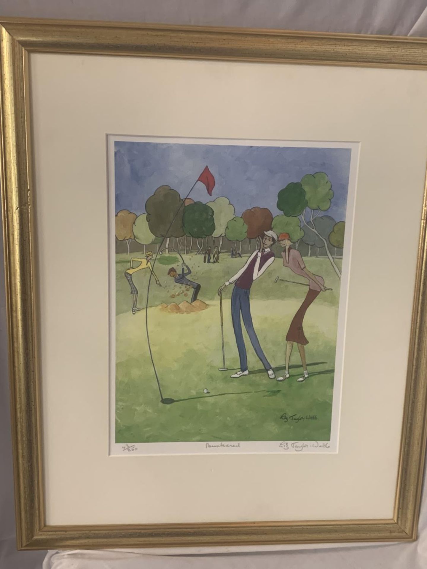 A GILT FRAMED LIMITED EDITION LIZ TAYLOR WEBB PICTURE 'BUNKERED' PENCIL SIGNED TO LOWER RIGHT HAND