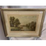 TWO LARGE FRAMED PRINTS OF VINTAGE SCENES INCLUDING CATTLE IN A RIVER SETTING