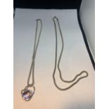 TWO MARKED 925 SILVER NECKLACES ONE WITH A PALE PURPLE STONE HEART SHAPED PENDANT LENGTH 46CM THE