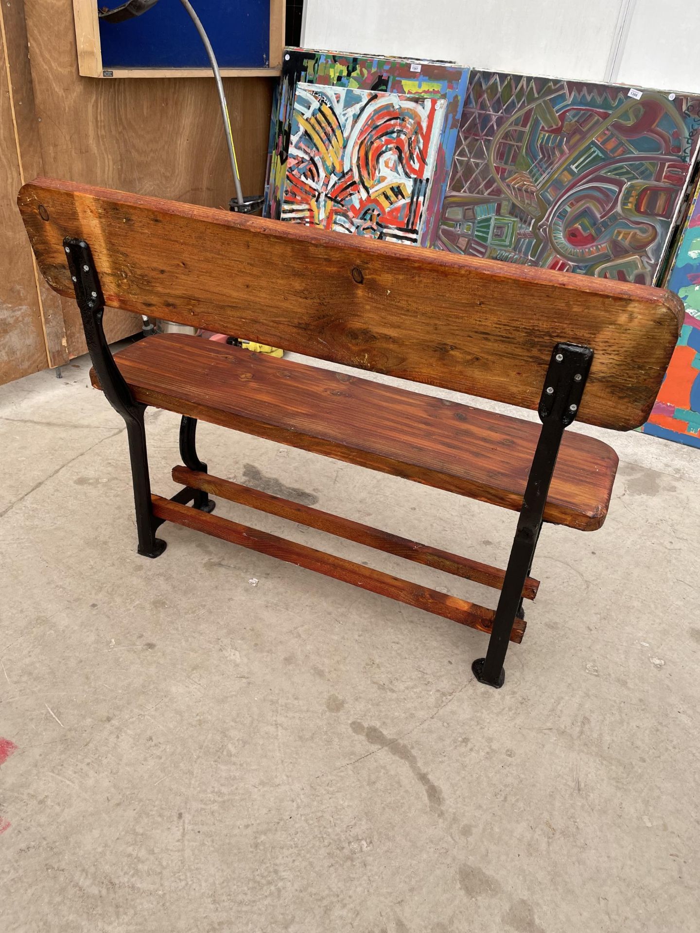 A VINTAGE WOODEN TRAM BENCH WITH CAST ENDS (L:105CM) - Image 5 of 6