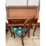 A MODERN HARDWOOD BUREAU ON CABRIOLE LEGS AND A CHAIR 38" WIDE