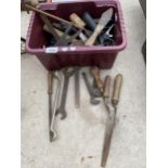 AN ASSORTMENT OF HAND TOOLS TO INCLUDE TROWELS, FILES AND SPANNERS ETC