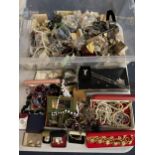 A VERY LARGE QUANTITY OF COSTUME JEWELLERY, SOME BOXED, TO INCLUDE EARRINGS, BRACELETS, BEADS,