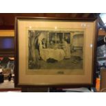 A FRAMED PICTURE OF A GENTLEMAN TAKING TEA ATTENDED BY HIS BUTLER AND MAID, SIGNED JAMES DOBIE AND W