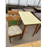 A MID 20TH CENTURY FORMICA TOP KITCHEN TABLE AND TWO CHAIRS