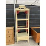 A SET OF UNUSUAL MODERN PAINTED THREE TIER OPEN DISPLAY SHELVES WITH PAGODA STYLE TOP AND SINGLE