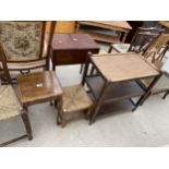 A WALNUT OCCASIONAL TABLE, A SMALL STOOL AND AN OAK TEA TROLLEY