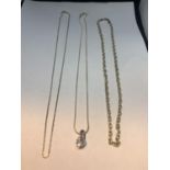 THREE MARKED 925 SILVER NECKLACES ONE WITH A CLEAR STONE PENDANT LENGTH 46CM, THE OTHERS LENGTH 50CM