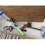 AN ASSORTMENT OF GARDEN TOOLS TO ELECTRIC HEDGE TRIMMERS AND A GRASS STRIMMER