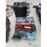 AN ASSORTMENT OF TOOLS TO INCLUDE A TROLLEY JACK, A WATER CAN AND A BOSCH SANDER ETC
