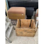 AN ASSORTMENT OF ITEMS TO INCLUDE A WOODEN CHEST WITH ROPE HANDLES AND TWO LIDDED FOOT STOOLS ETC