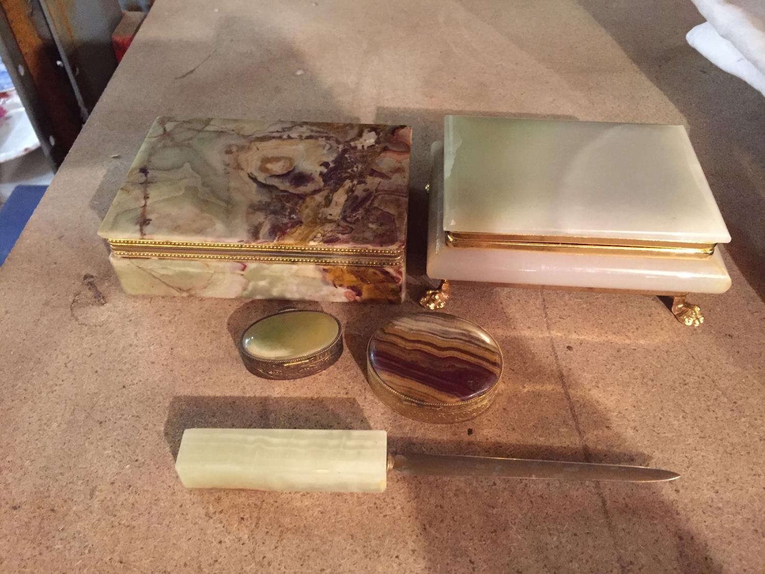 TWO RESIN JEWELLERY/TRINKET BOXES, TWO PILL BOXES AND A LETTER OPENER