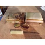 TWO RESIN JEWELLERY/TRINKET BOXES, TWO PILL BOXES AND A LETTER OPENER