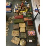 A LARGE ASSORTMENT OF VINTAGE TINS TO INCLUDE TOBACCO, SHOE POLISH BOTTLE, A MULTI CORE SOLDER