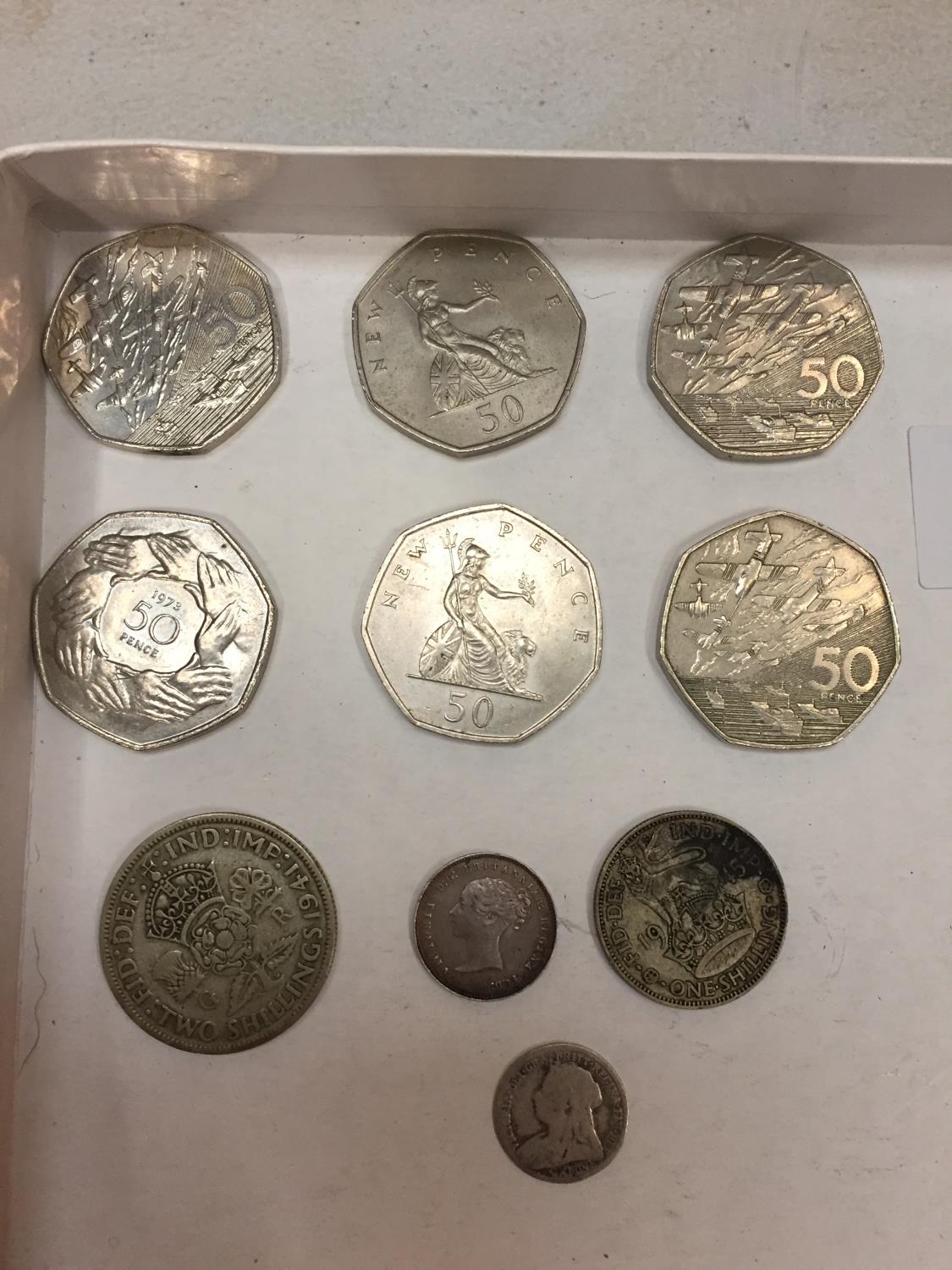 TEN VARIOUS COINS - SIX DECIMAL 50 P, 1884 MAUNDY 4 P, 1941 FLORIN, 1945 SHILLING AND 1897 3 d - Image 2 of 3