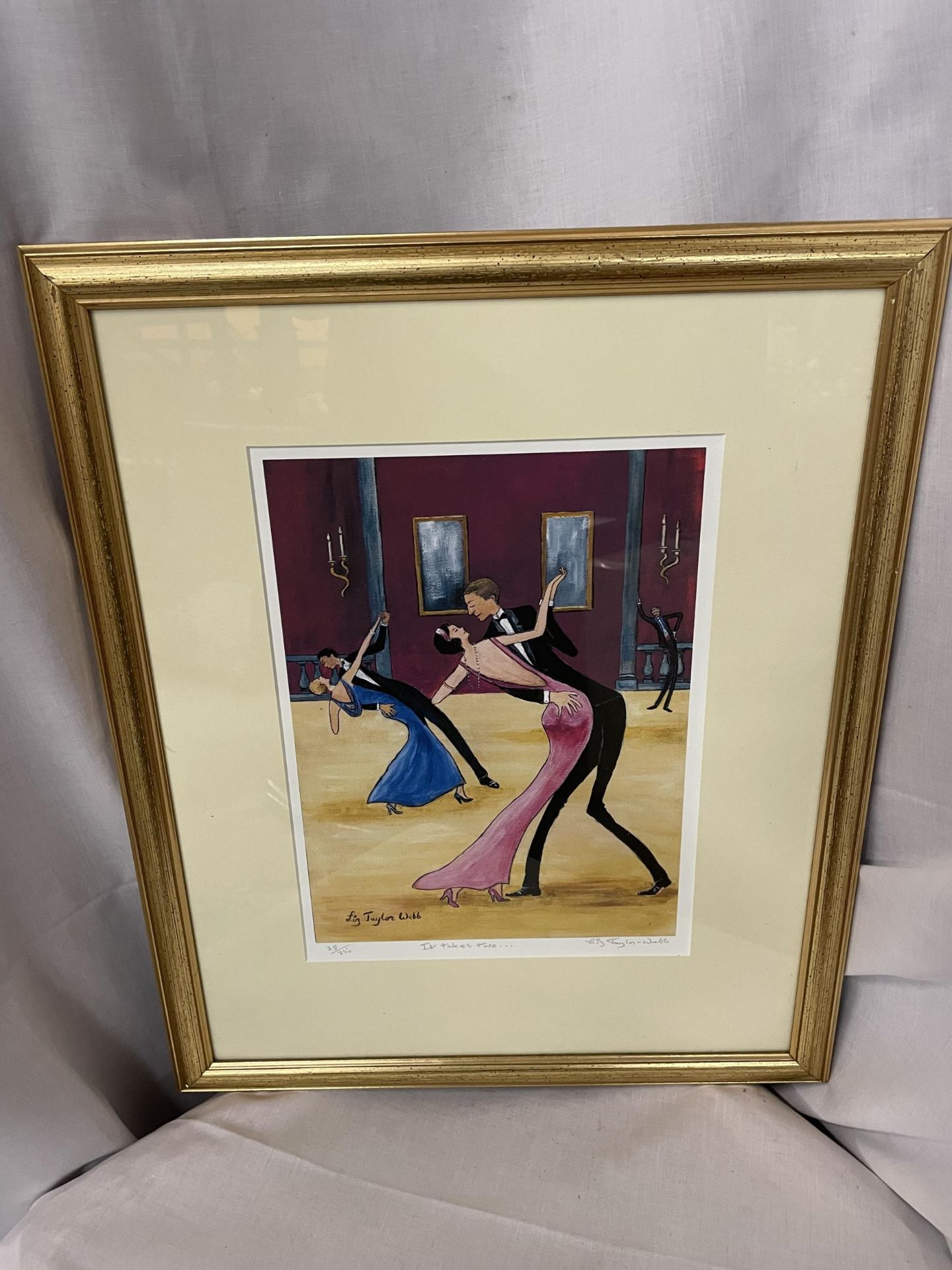 A GILT FRAMED LIMITED EDITION LIZ TAYLOR WEBB PICTURE 'IT TAKES TWO' PENCIL SIGNED TO LOWER RIGHT