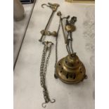 A BRASS INCENSE BURNER, CANDLE SNUFFER WEIGHING SCALES ETC