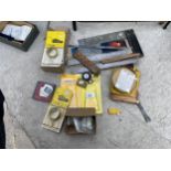AN ASSORTMENT OF TOOLS TO INCLUDE RULERS, TAPE MEASURES AND SET SQUARES ETC