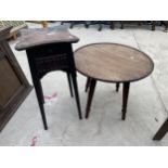 A JACOBEAN STYLE SINGLE BED HEAD AND FOOT, A 21" DIAMETER DISH TOP TABLE ON A PIANO STOOL BASE AND A