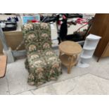 A MODERN BEDROOM CHAIR WITH MORRIS STYLE FABRIC, TWO TIER WICKER TABLE 16" DIA AND A SET OF