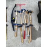 AN ASSORTMENT OF VARIOUS HAMMERS TO INCLUDE STANLETY AND RECORD, TO ALSO INCLUDE A PICK AXE HEAD ETC