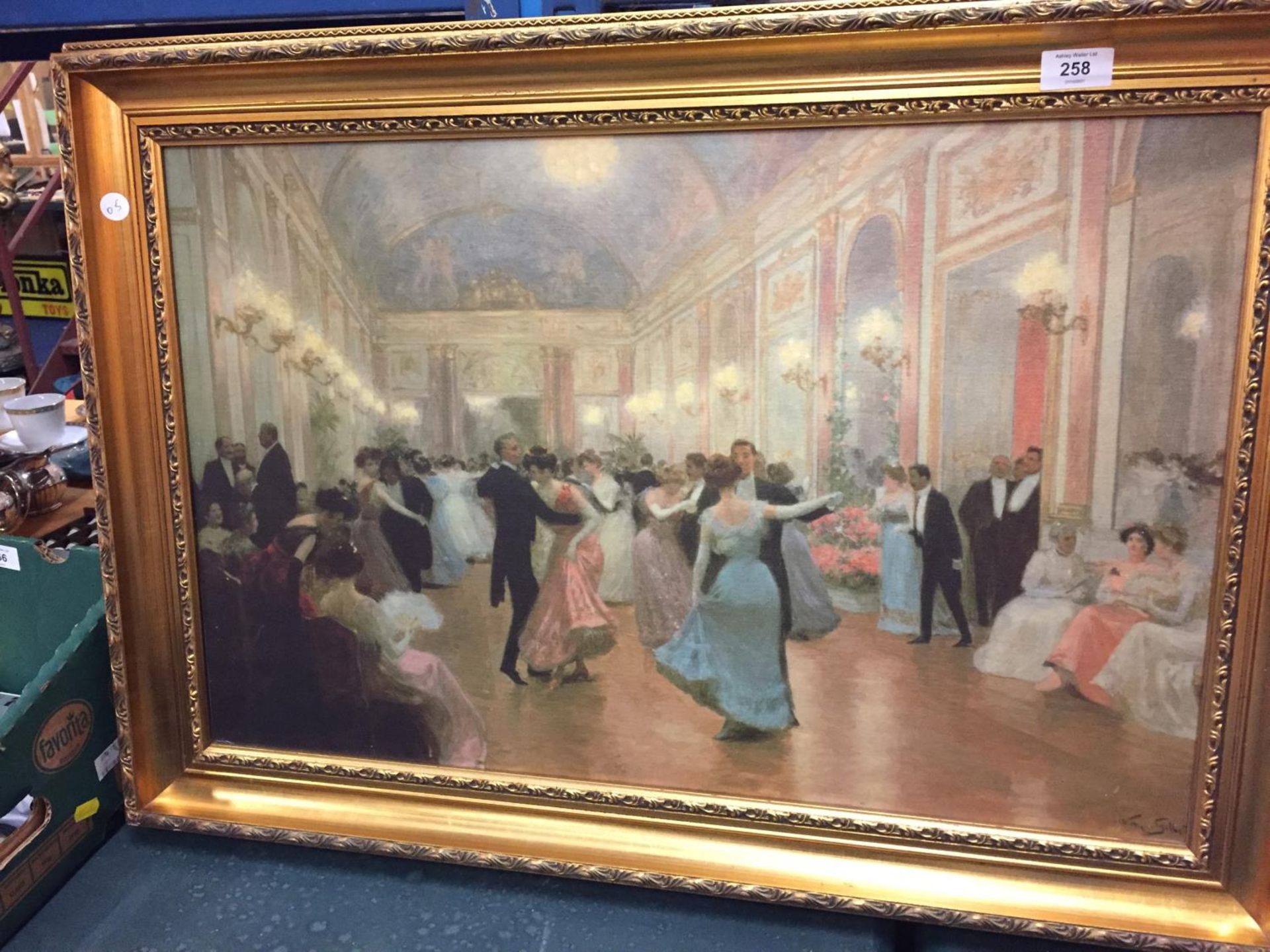 A LARGE GILT FRAMED PICTURE OF A BALL - Image 2 of 3