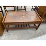 A RETRO TEAK COFFEE TABLE WITH INSET TILE TOP 38"X20"