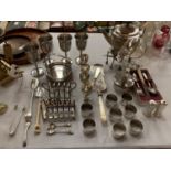A LARGE QUANTITY OF SILVER PLATE TO INCLUDE A SPIRIT BURNER AND BRANDY GLASS, A SPIRIT BURNER AND