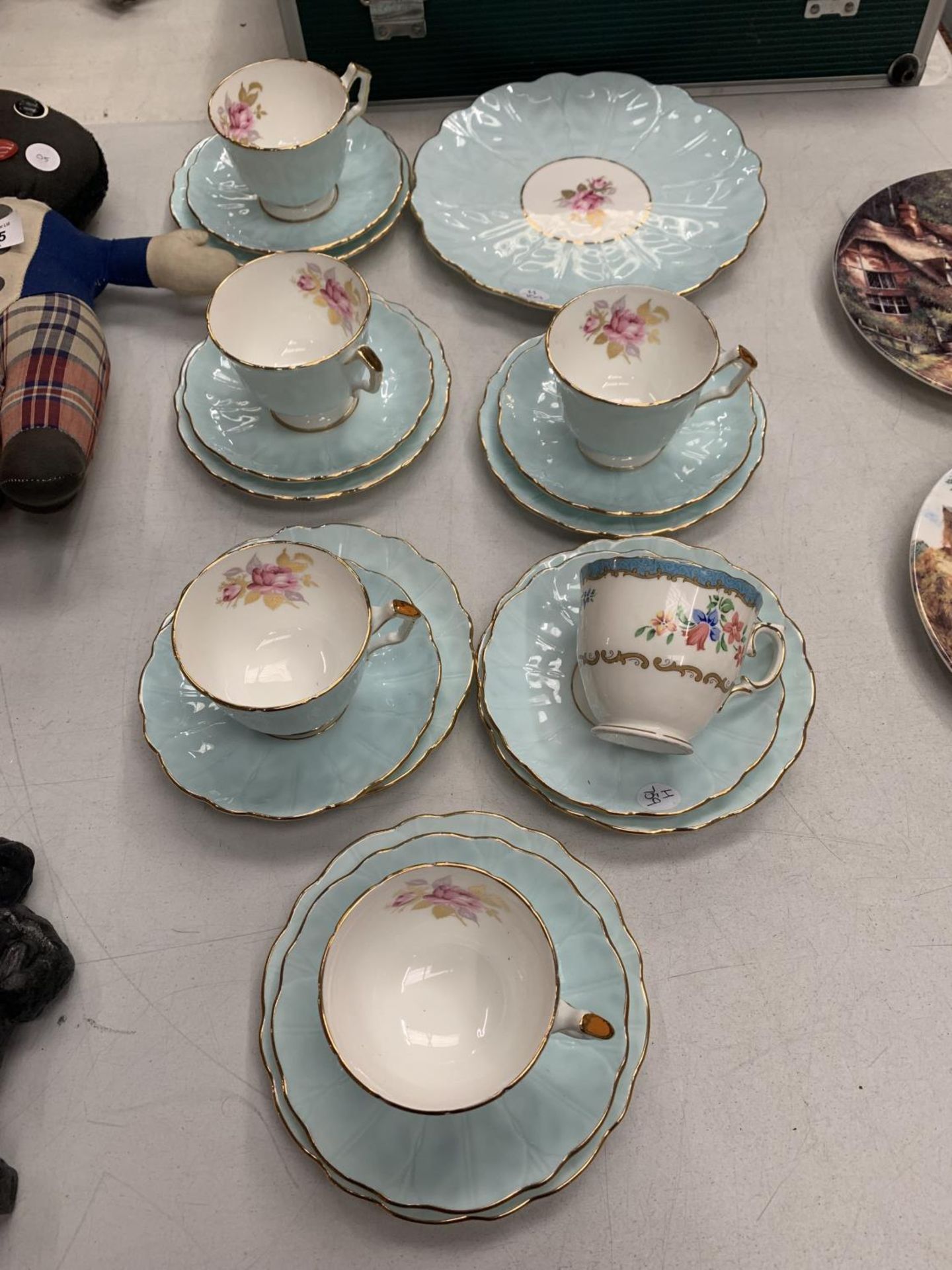 SIX AYNSLEY CHINA TRIOS AND A PLATE