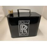 A BLACK ROLLS ROYCE PETROL/OIL CAN WITH BRASS STOPPER